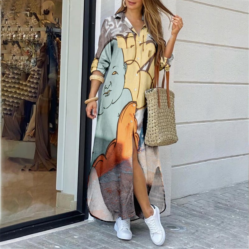 Fashion Long Sleeve Printed Shirt Dress Maxi Dress - Image 4