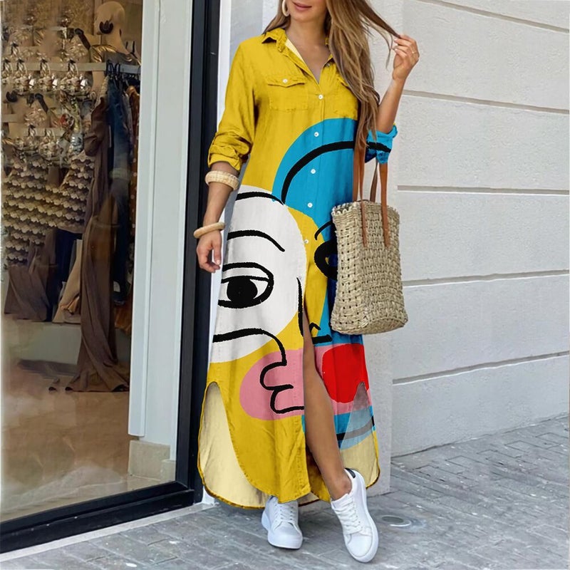 Fashion Long Sleeve Printed Shirt Dress Maxi Dress - Image 3