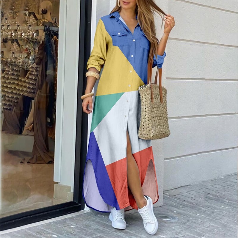 Fashion Long Sleeve Printed Shirt Dress Maxi Dress - Image 2