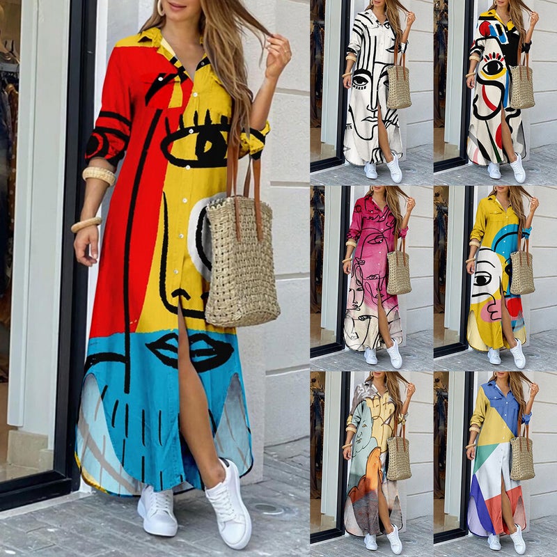 Fashion Long Sleeve Printed Shirt Dress Maxi Dress - Image 1