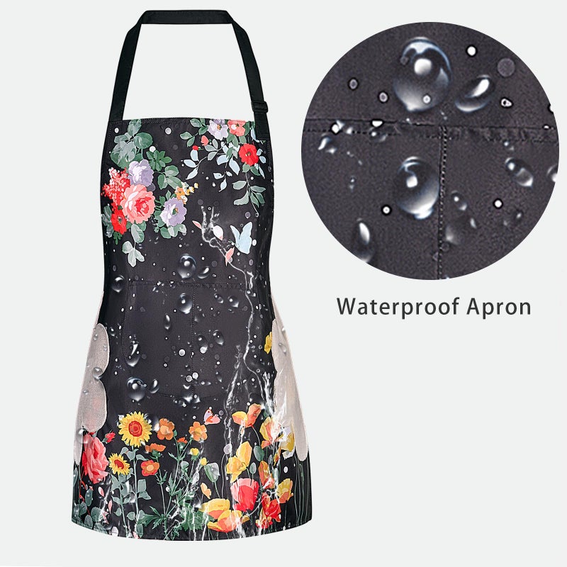 DILLMAN 2 Pack Floral Aprons with Pocket, Blooming Womens Aprons Waterproof Adjustable Cooking Aprons for Kitchen Gardening and Salon (2Pack #A) - Image 4
