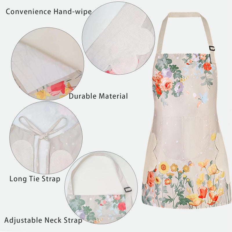 DILLMAN 2 Pack Floral Aprons with Pocket, Blooming Womens Aprons Waterproof Adjustable Cooking Aprons for Kitchen Gardening and Salon (2Pack #A) - Image 3