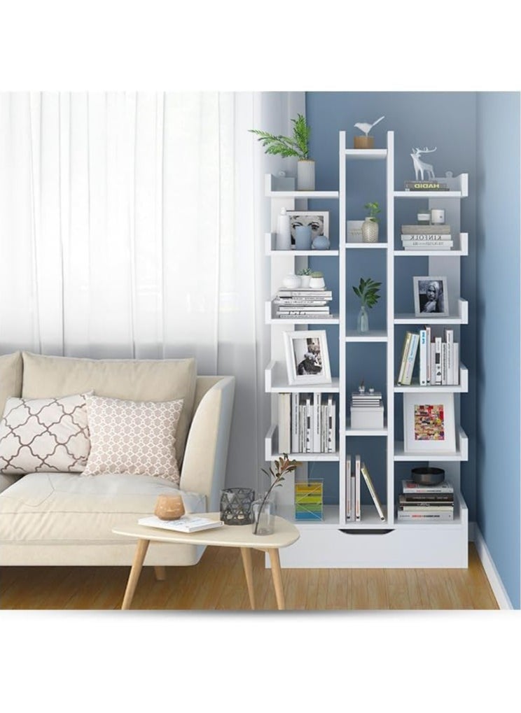 Floor Standing Tree-Shaped Bookcase, 18-Cube Bookcase with Drawers, Free Standing Open Book Shelves, Display Storage Shelf, Wooden Bookcase for Bedroom, Living Room, Kitchen, Office (White) - pzsku/ZD1AA98B2A5FCED27D189Z/45/_/1732098039/822e9899-32e0-4582-bf9a-718fa2203858