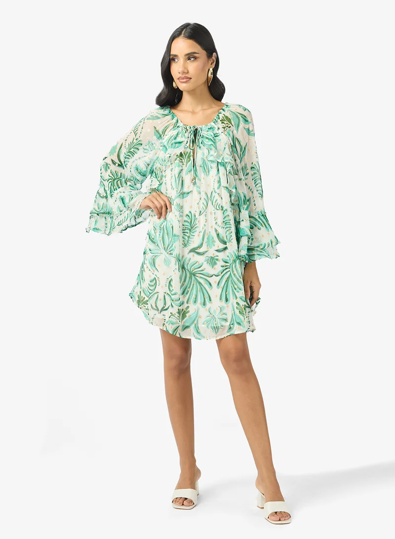 Tie Neck Puffed Sleeve Mini Dress