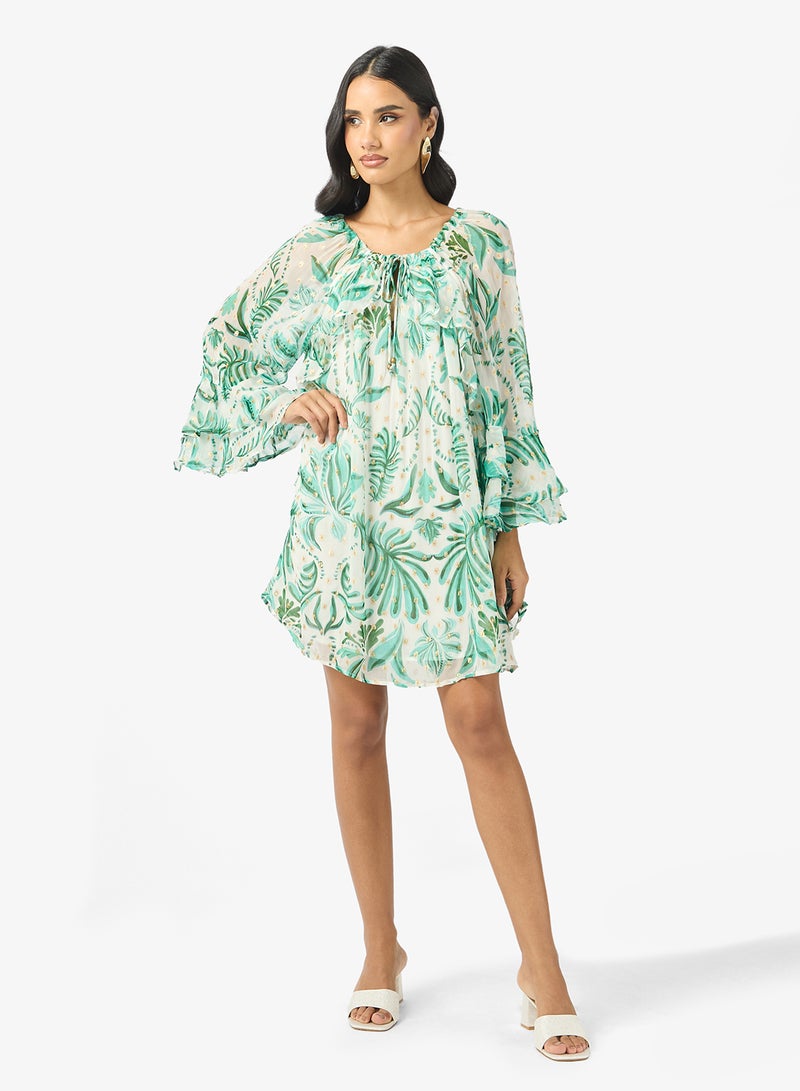 Hope & Ivy Tie Neck Puffed Sleeve Mini Dress - Image 1