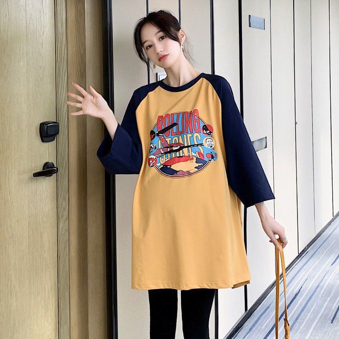 Pregnant Womens Spring and Autumn Top Korean Fashionable Moms Dress Set Pregnant Womens T-shirt Long Sleeve Loose Midi Spring Dress835 yellow top 835 yellow top