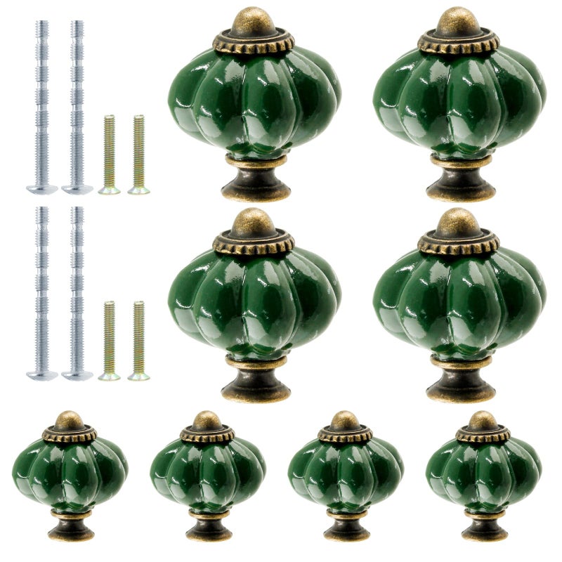 Suiwotin 8pcs Ceramic Pumpkin Cabinet Knobs, Dark Green Vintage Drawer Knobs for Vanity, Closet, Cupboard - Image 1