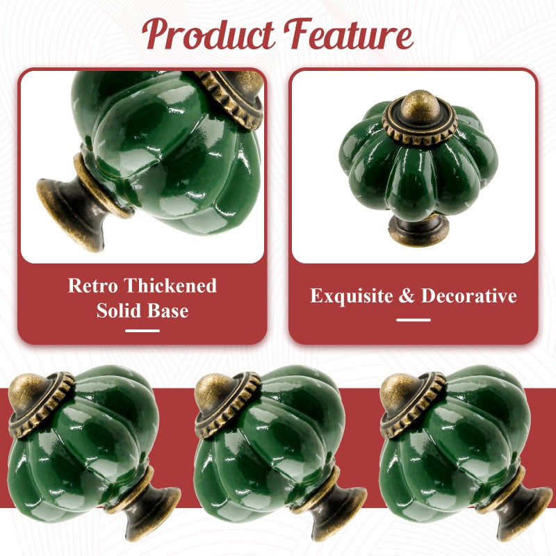 Suiwotin 8pcs Ceramic Pumpkin Cabinet Knobs, Dark Green Vintage Drawer Knobs for Vanity, Closet, Cupboard - Image 4