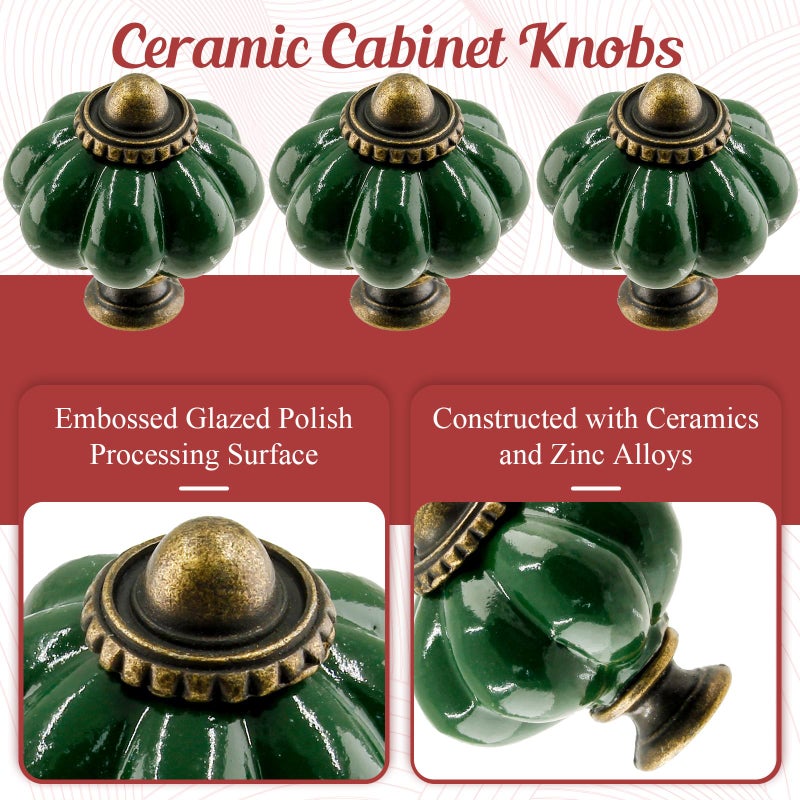 Suiwotin 8pcs Ceramic Pumpkin Cabinet Knobs, Dark Green Vintage Drawer Knobs for Vanity, Closet, Cupboard - Image 3