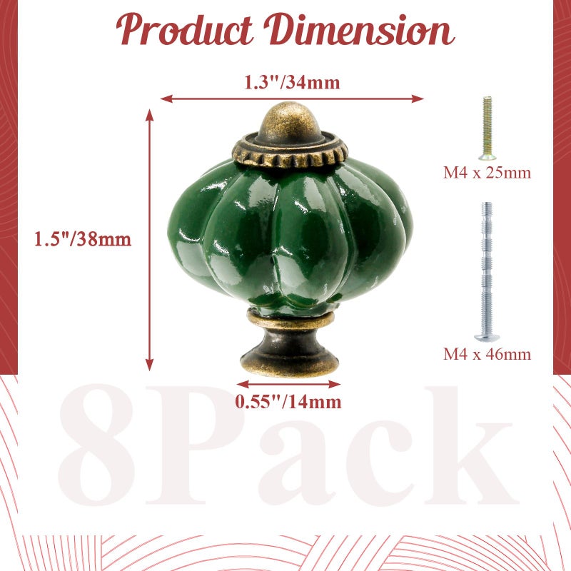 Suiwotin 8pcs Ceramic Pumpkin Cabinet Knobs, Dark Green Vintage Drawer Knobs for Vanity, Closet, Cupboard - Image 2
