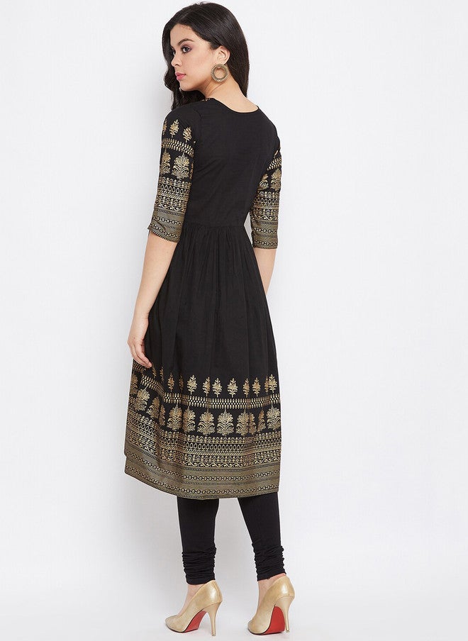 WineRed Black Floral Print Cotton Flared Kurta for Women - Image 5
