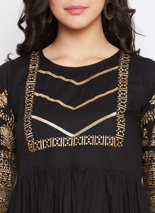 WineRed Black Floral Print Cotton Flared Kurta for Women - Image 2