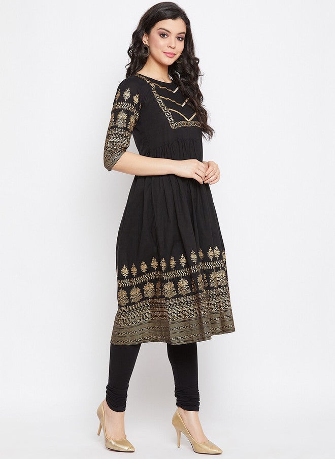 WineRed Black Floral Print Cotton Flared Kurta for Women - Image 3