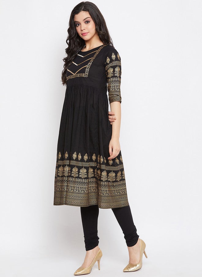 WineRed Black Floral Print Cotton Flared Kurta for Women - Image 4