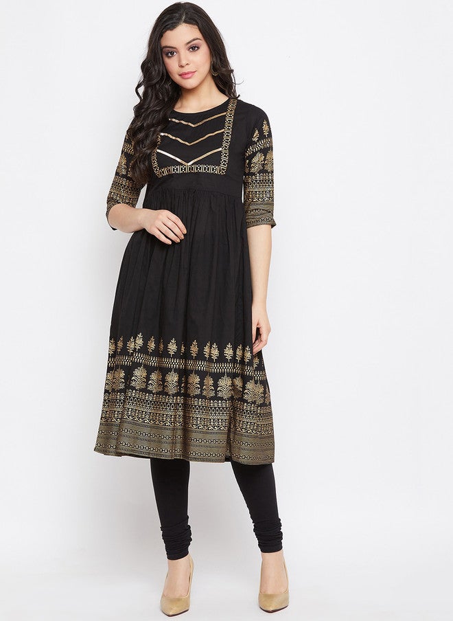 WineRed Black Floral Print Cotton Flared Kurta for Women - Image 1