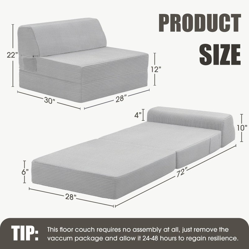 Kasunpul Folding Sofa Bed with Pillow, Memory Foam Fold Out Chair Bed, Convertible Sleeper Chair with Washable Cover, Futon Floor Couch for Living Room/Dorm/Guest Use/Home Office/Apartment, Light Grey - Image 3