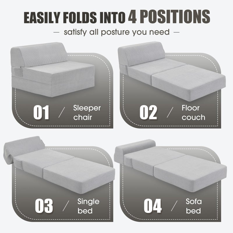 Kasunpul Folding Sofa Bed with Pillow, Memory Foam Fold Out Chair Bed, Convertible Sleeper Chair with Washable Cover, Futon Floor Couch for Living Room/Dorm/Guest Use/Home Office/Apartment, Light Grey - Image 5