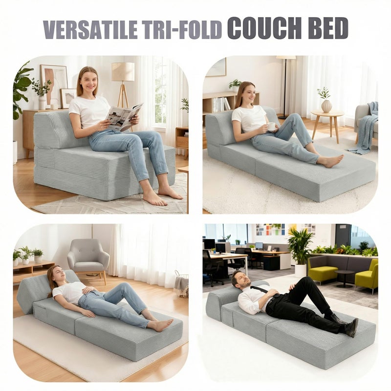 Kasunpul Folding Sofa Bed with Pillow, Memory Foam Fold Out Chair Bed, Convertible Sleeper Chair with Washable Cover, Futon Floor Couch for Living Room/Dorm/Guest Use/Home Office/Apartment, Light Grey - Image 2