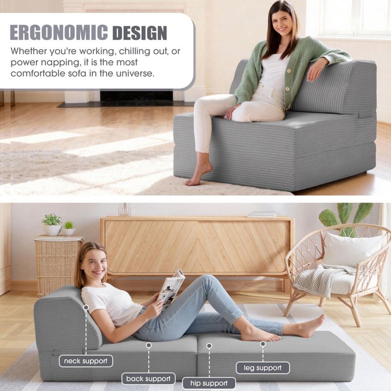 Kasunpul Folding Sofa Bed with Pillow, Memory Foam Fold Out Chair Bed, Convertible Sleeper Chair with Washable Cover, Futon Floor Couch for Living Room/Dorm/Guest Use/Home Office/Apartment, Light Grey - Image 4