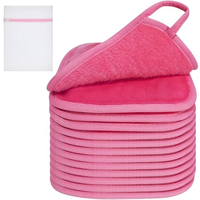 KODAMO Makeup Remover Cloth, Reusable Makeup Remover Pads Washable Travel Bag, Microfiber Makeup Removal Face Wash Cloths with Just Water, Gentle Soft,12 Pack, Pink - Image 1