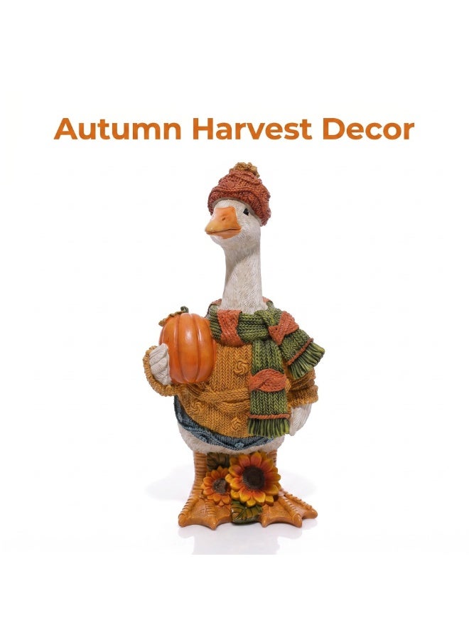 Autumn Harvest Duck Figurine with Pumpkin - Resin Ornament - Image 1