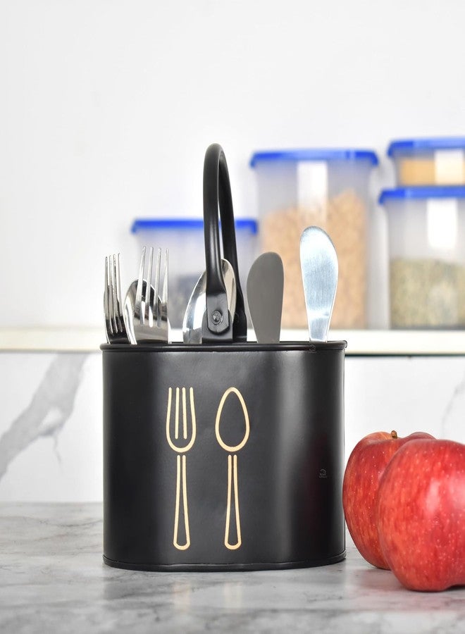 EvoFlex Galvanised Steel Cutlery Holder, Black with Gold Design, 2 Compartments, Spoon Stand for Dining Table, Cutlery Holder for Kitchen - Holder For Multipurpose - Image 4