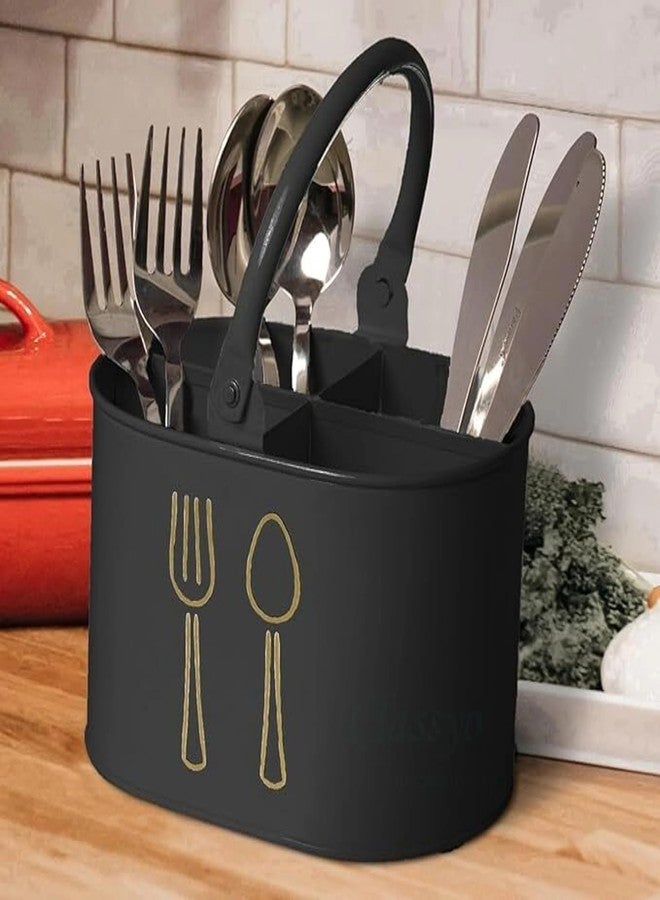 EvoFlex Galvanised Steel Cutlery Holder, Black with Gold Design, 2 Compartments, Spoon Stand for Dining Table, Cutlery Holder for Kitchen - Holder For Multipurpose - Image 1