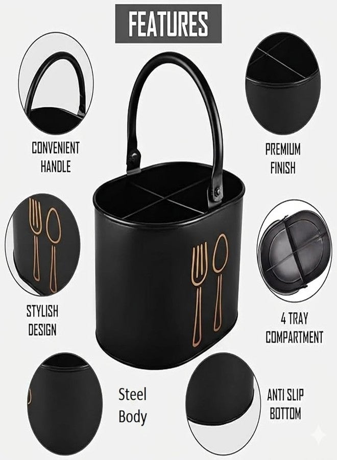 EvoFlex Galvanised Steel Cutlery Holder, Black with Gold Design, 2 Compartments, Spoon Stand for Dining Table, Cutlery Holder for Kitchen - Holder For Multipurpose - Image 5