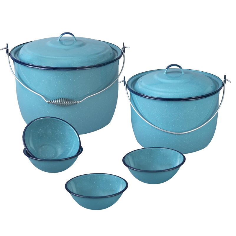 Cinsa 8-Piece Enameled Steel Stock Pots (14 & 8 QT) with Lids, Turquoise Blue Cookware Set - Image 1
