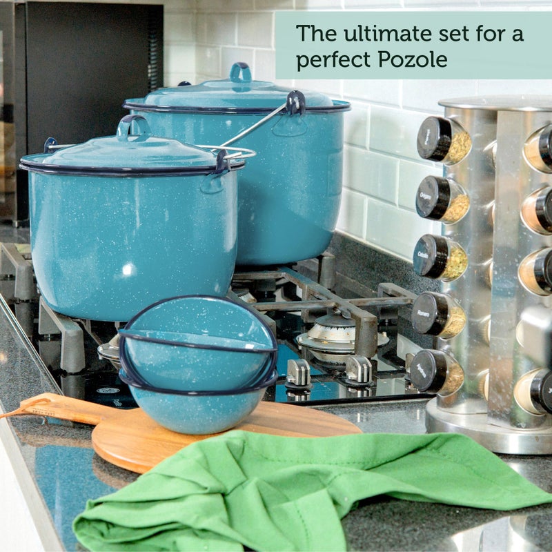 Cinsa 8-Piece Enameled Steel Stock Pots (14 & 8 QT) with Lids, Turquoise Blue Cookware Set - Image 2