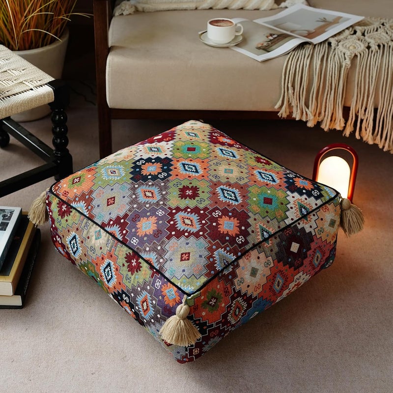 Artbloss Boho Unstuffed Pouf Cover Ottoman Footrest Indian Mexcian Foot Stool Floor Bean Bag Floor Chair Storage for Living Room Bedroom Decor (Boho Plaid, Square) - Image 1