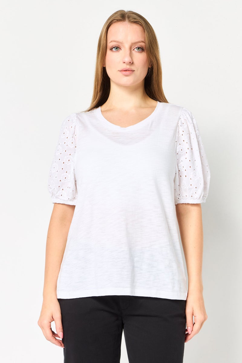 GAP Women Round Neck Puff Sleeve Eyelet Top, White - Image 1