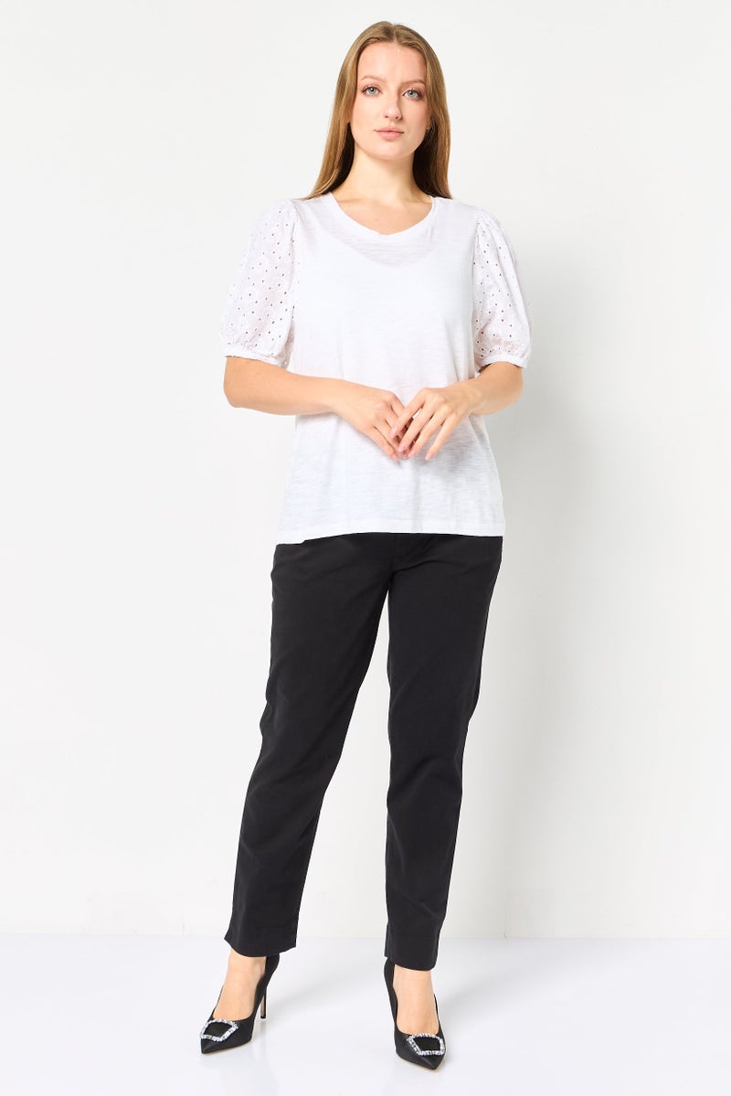 GAP Women Round Neck Puff Sleeve Eyelet Top, White - Image 2