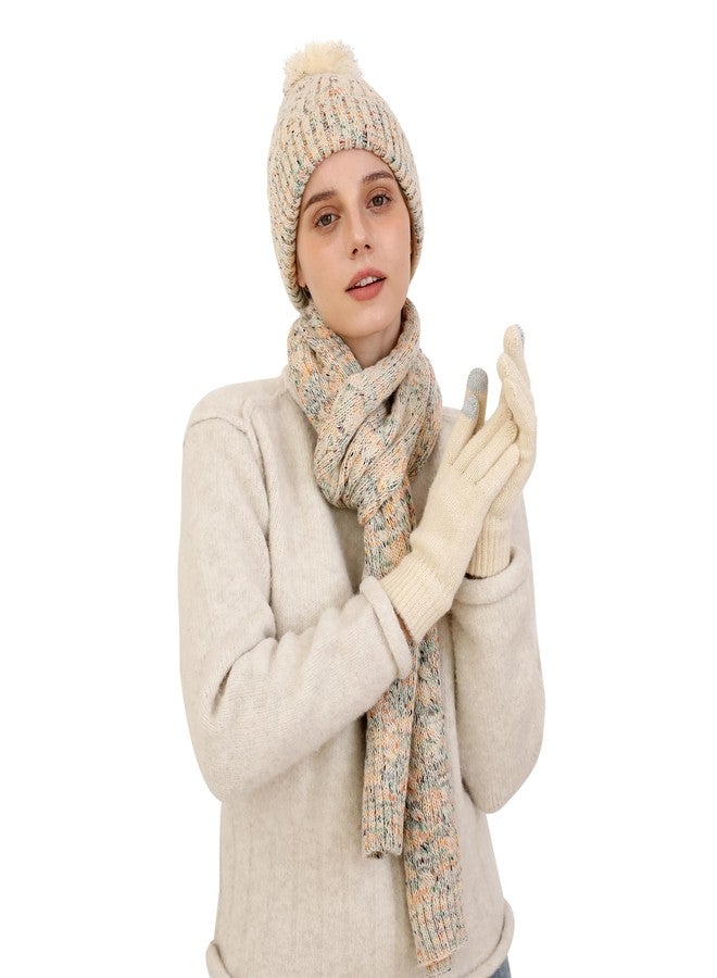 Double Couple Winter Beanie Hat Scarf Gloves Set for Women Beanie with Pom Long Scarf Warm Touchscreen Gloves Set - Image 1