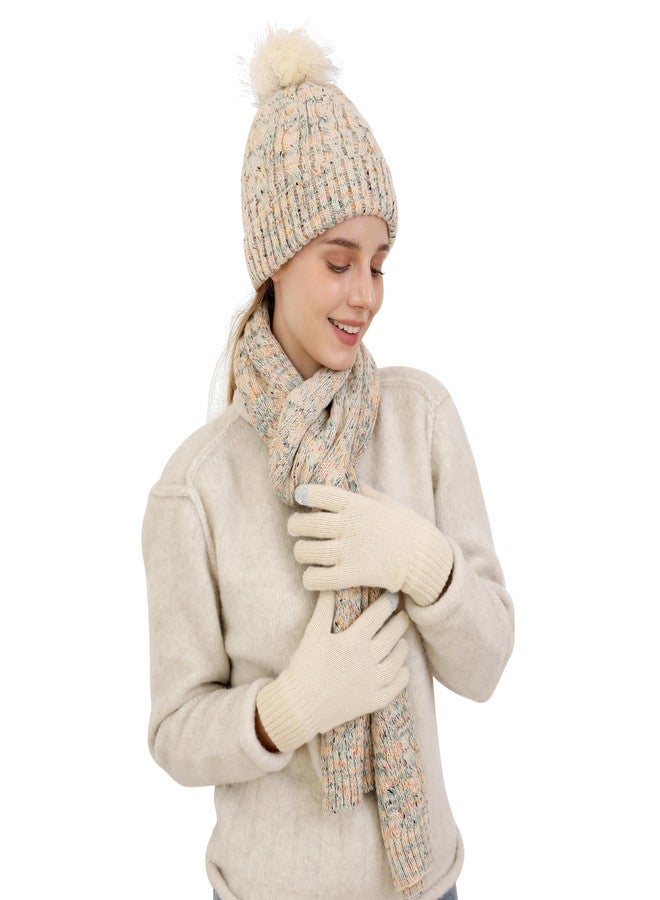 Double Couple Winter Beanie Hat Scarf Gloves Set for Women Beanie with Pom Long Scarf Warm Touchscreen Gloves Set - Image 2