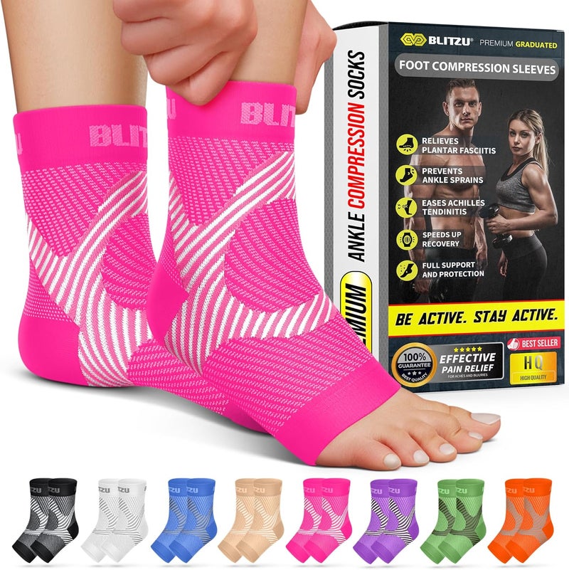 BLITZU Plantar Fasciitis Compression Socks For Women & Men - Best Ankle and Nano Sleeve For Everyday Use - Provides Foot & Arch Support. Heel Pain, and Achilles Tendonitis Relief. PINK S/M - Image 1