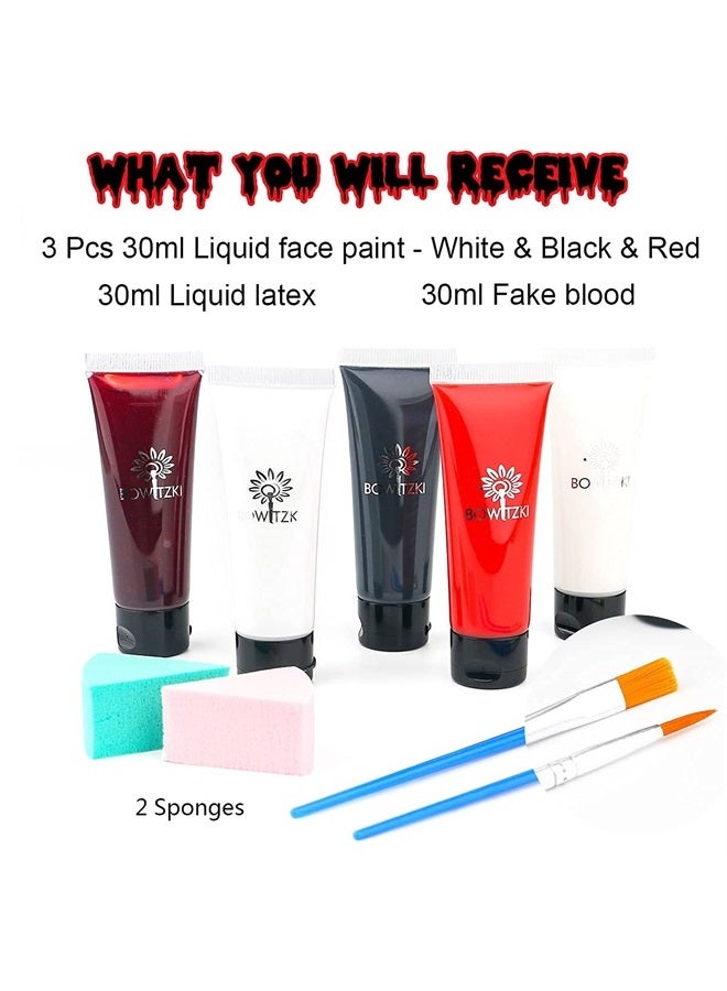 Bowitzki SFX Makeup Kit Halloween Makeup Water Based Cream Face Body Paint Clear Liquid Latex Fake Stage Blood Brush Sponges Painting Special Effects Zombie Vampire Monster Scar Wound Christmas Party - Image 1