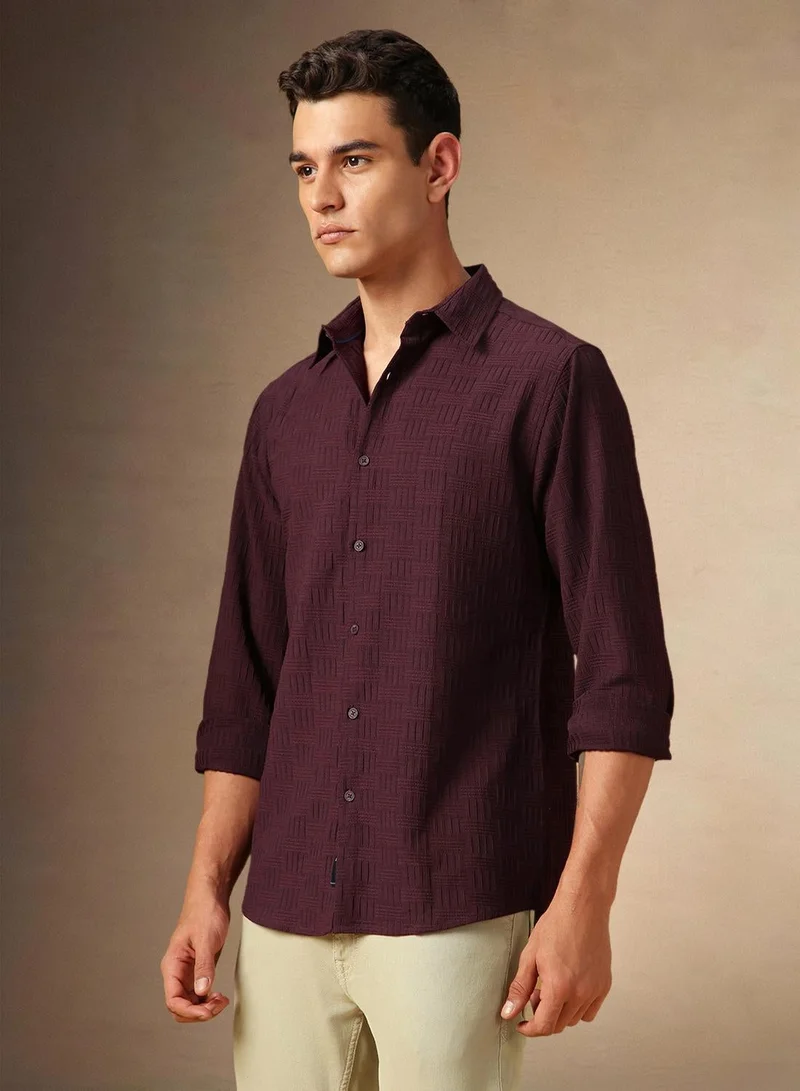 Dennis Lingo Men's Maroon Cotton Blend Textured Shirt