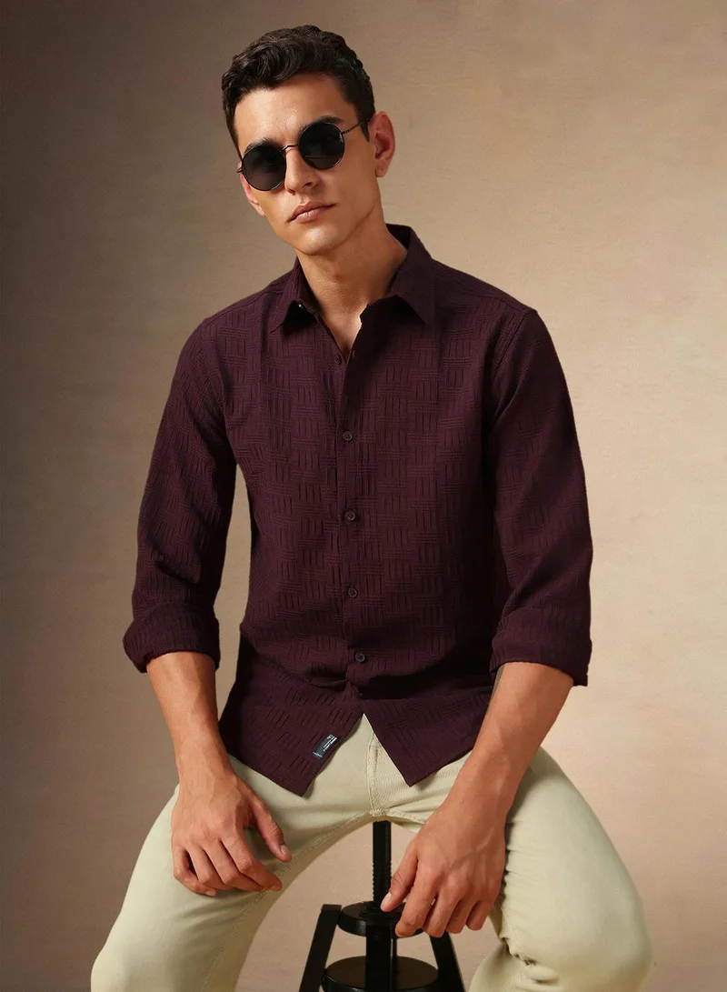 Dennis Lingo Men's Maroon Cotton Blend Textured Shirt