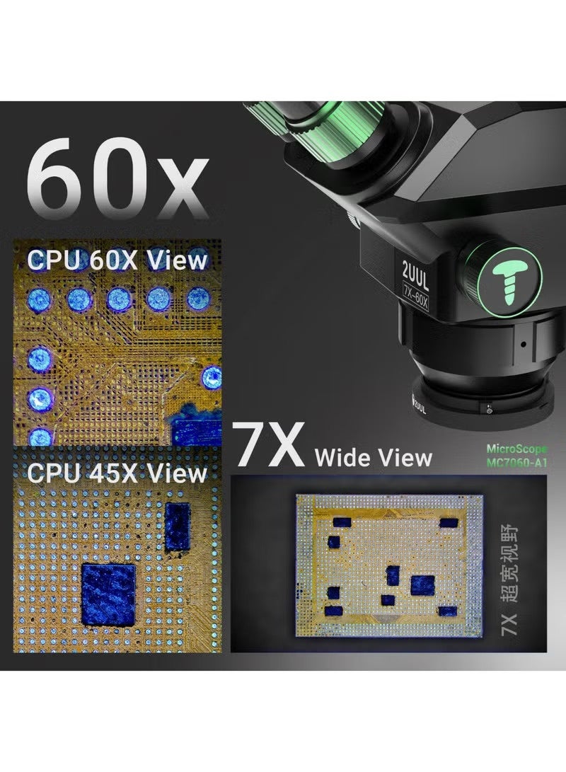 مجهر ثلاثي العدسات 2UUL MC7060-A1، تكبير 7-60x، لأعمال الدوائر المطبوعة الدقيقة وإصلاح الإلكترونيات - Image 5