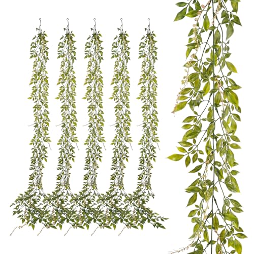 PENGYEE 6 Pack 5.57ft Artificial Greenery Garland for Table, Faux Willow Leaf Garland for Room Decor, Green Garlands for Decoration, Fake Vines Hanging Plants for Home Bedroom Wall Wedding Decor-043 - Image 1
