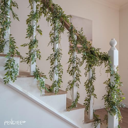 PENGYEE 6 Pack 5.57ft Artificial Greenery Garland for Table, Faux Willow Leaf Garland for Room Decor, Green Garlands for Decoration, Fake Vines Hanging Plants for Home Bedroom Wall Wedding Decor-043 - Image 2