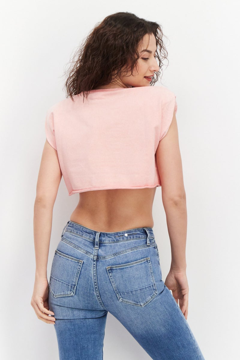 CHELSEA PEERS Women Round Neck Cap Sleeve Heather Top, Pink - Image 4