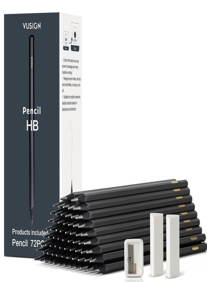 VUSIGN #2 Pencils Bulk, 72 Pack Pre-Sharpened HB Pencils, With 1 Sharpener & 2 Erasers for School, Office, Writing, Drawing Use,Black - Image 1