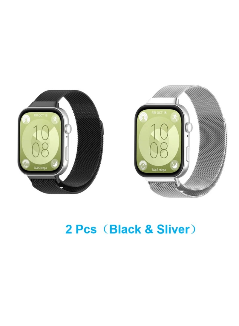 2-Pcs Watch Strap Suitable for Huawei Watch Fit 3 metal Milanese Magnetic Loop Watch Strap Black and Sliver - Image 2