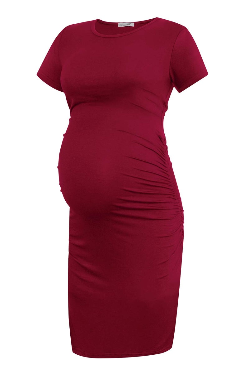 Smallshow Women's Short Sleeve Maternity Dress Ruched Pregnancy Clothes Medium Wine - Image 1