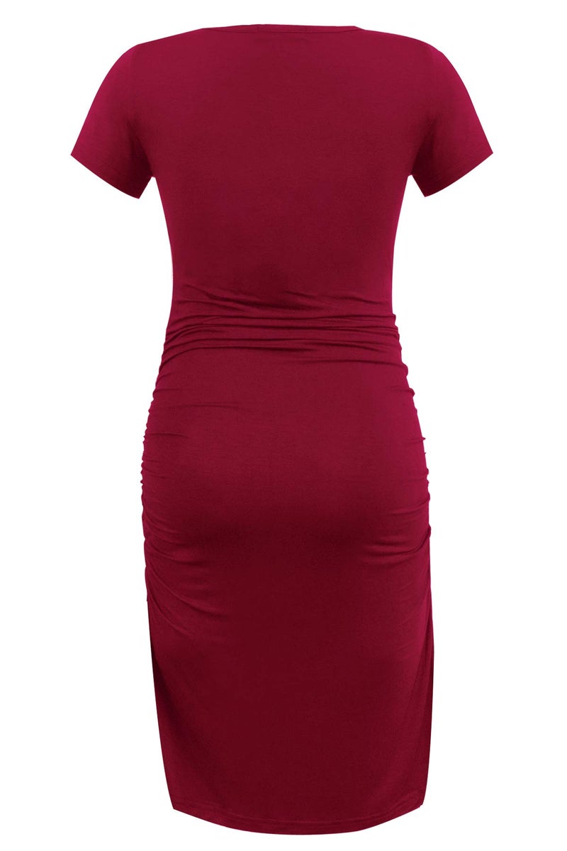 Smallshow Women's Short Sleeve Maternity Dress Ruched Pregnancy Clothes Medium Wine - Image 3