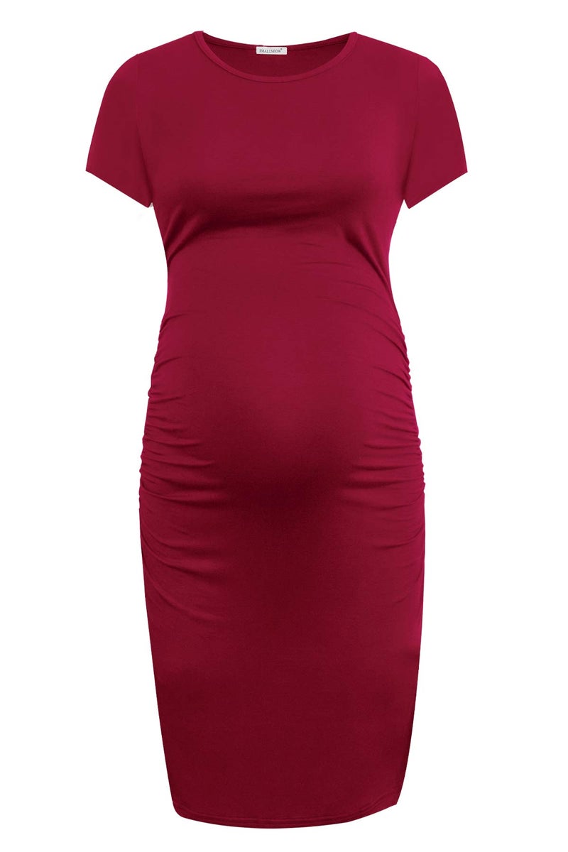 Smallshow Women's Short Sleeve Maternity Dress Ruched Pregnancy Clothes Medium Wine - Image 2