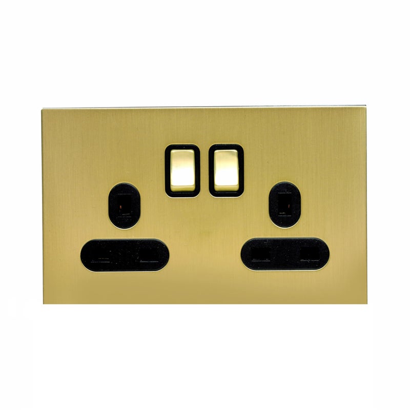 Donmarco 2 Gang Double UK Socket 13A - Ultra Slim Stainless Steel Panel, Fire-Resistant Electric Outlet, 3-Year Warranty – Elegant and Durable Power Outlet for Home and Office (Brushed Natural Brass) - Image 1
