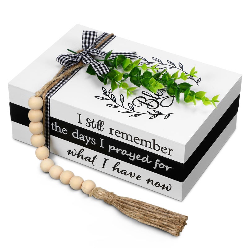 Capoda 3 Pcs Decorative Books for Home Decor Farmhouse Faux Stacked Books Wooden Rustic Table Decor with Bead Garland Twine Ribbon Faux Leaf for TableRemember - Image 2